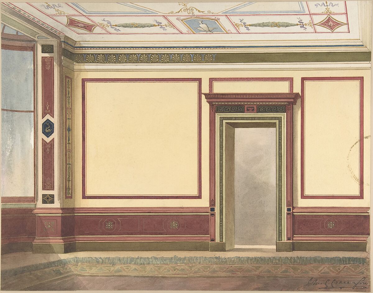 Dining Room Elevation in a Simplified Third Pompeian Style, John Gregory Crace (British, London 1809–1889 Dulwich)  , and Son, Pen and black ink, watercolor and gouache (bodycolor) over graphite 