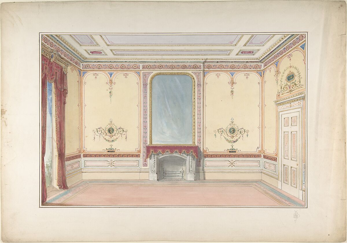 Interior: Fireplace wall, John Gregory Crace (British, London 1809–1889 Dulwich)  , and Son, Graphite, watercolor, and gilt in wallpaper 