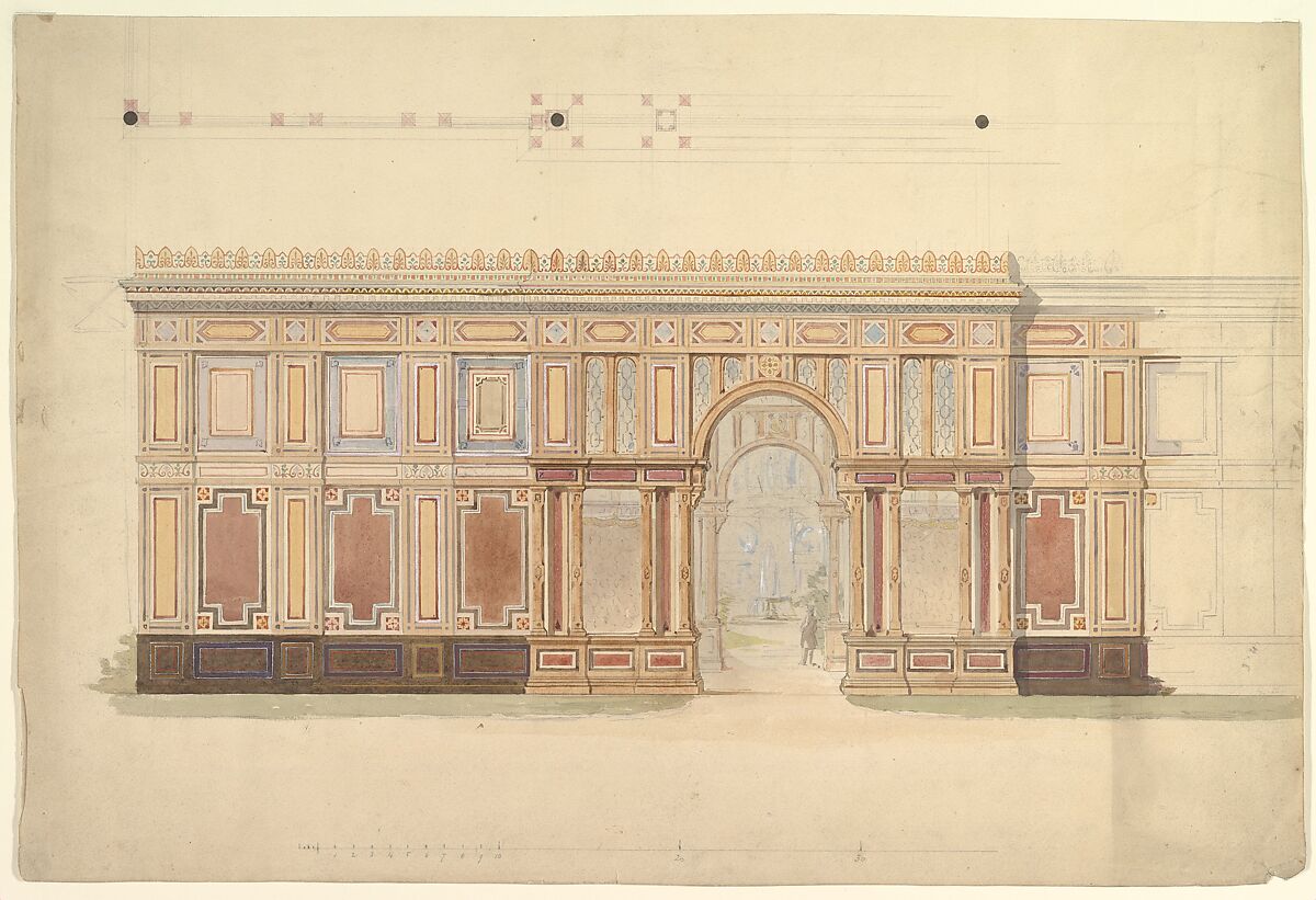 Elevation and Cross-Section of of Gallery Wall, John Gregory Crace (British, London 1809–1889 Dulwich)  , and Son, Graphite and watercolor 