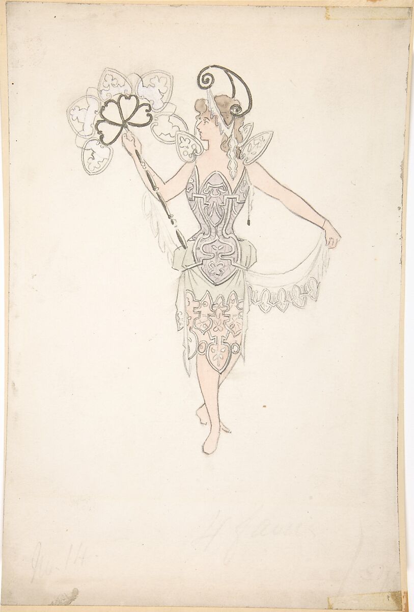 Costume Design for Lady with a Fan, Basil Crage (British, active 1890s), Watercolor and metallic paint over graphite 