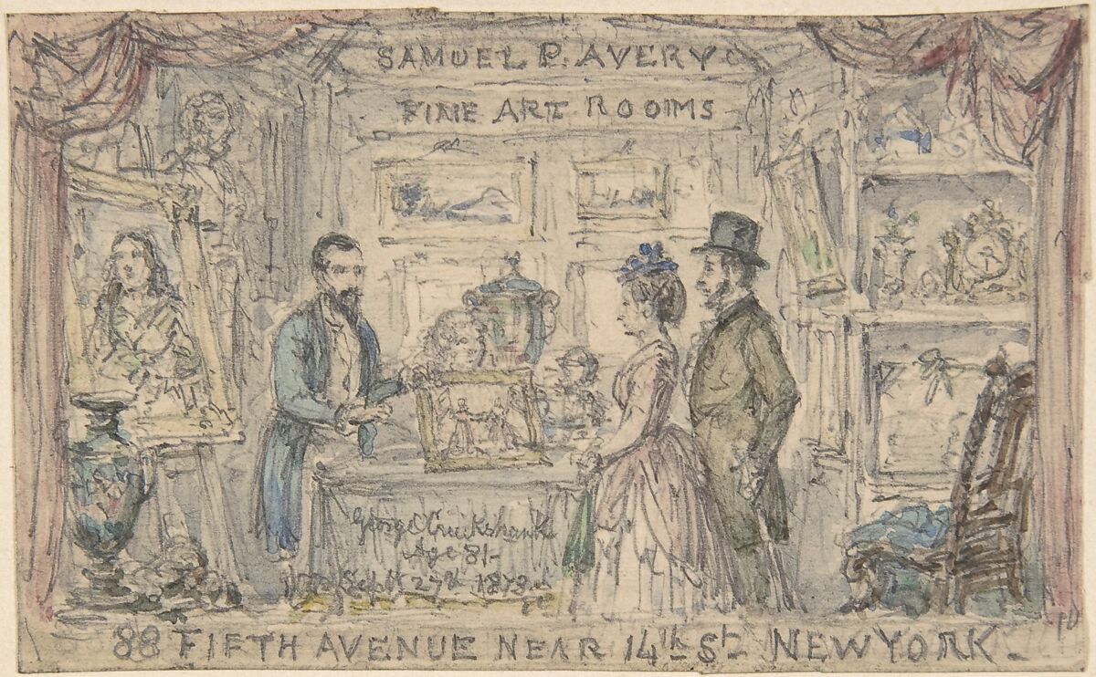Design for Trade Card for Samuel P. Avery, George Cruikshank (British, London 1792–1878 London), Watercolor and graphite 