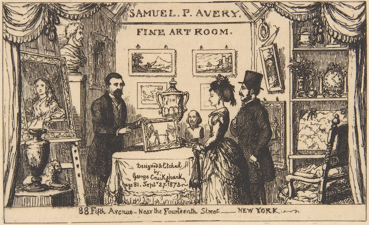 Trade Card for Samuel P. Avery--Fine Art Room, George Cruikshank (British, London 1792–1878 London), Etching 