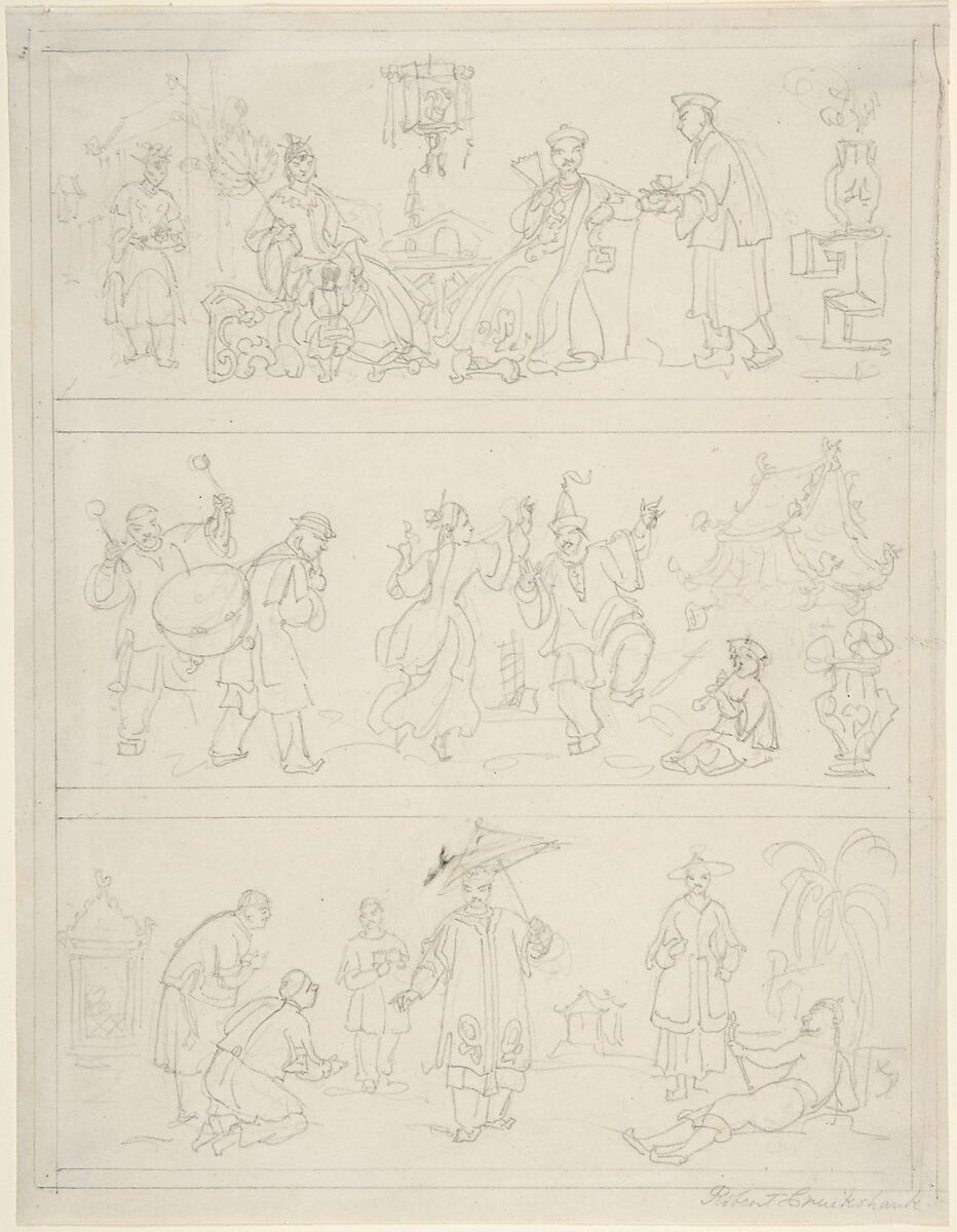 Three Friezes of Chinese Figures, Isaac Robert Cruikshank (British, London 1789–1856 London), Graphite 