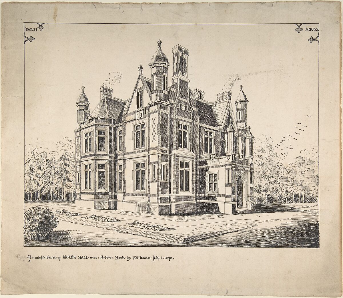 Perspective elevation, Poles Hall, near Andover, Hampshire, T. W. Dawson (British, active ca. 1870), Pen and black ink 