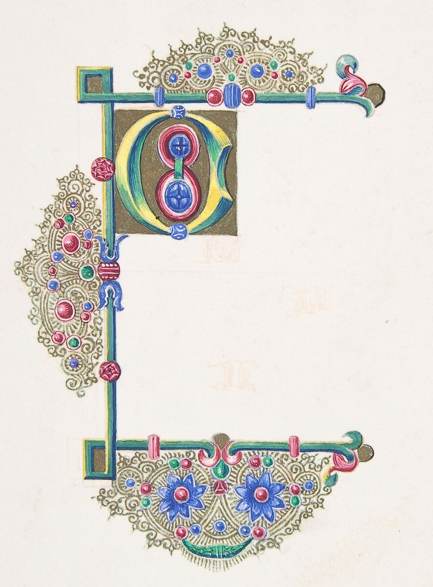 Illuminated Initial "O", Freeman Gage Delamotte (British, Sandhurst 1813/14–1862 London), Watercolor over pen and red ink with touches of gold and gouache (bodycolor)