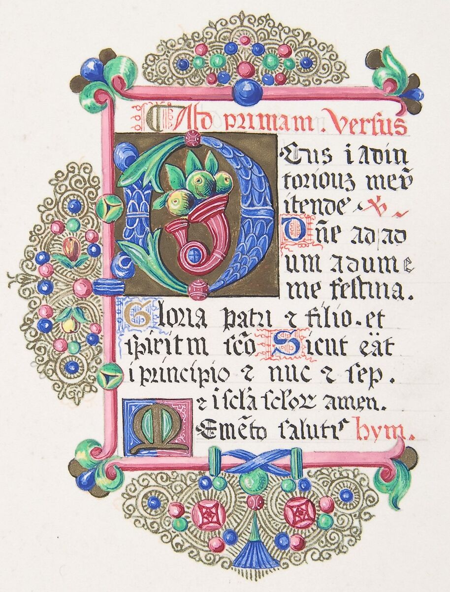 Illuminated Letter "D" within a Decorated Border, Freeman Gage Delamotte (British, Sandhurst 1813/14–1862 London), Watercolor, pen and black and red ink over graphite with touches of gold and gouache (bodycolor) 