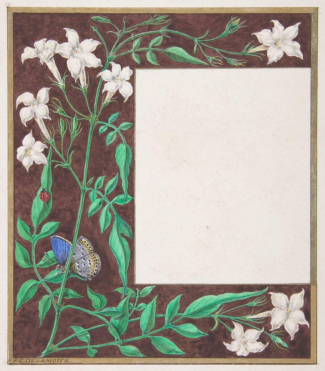 Floral Border Design, Freeman Gage Delamotte (British, Sandhurst 1813/14–1862 London), Watercolor over pen and brown ink with touches of gold and gouache (bodycolor) 