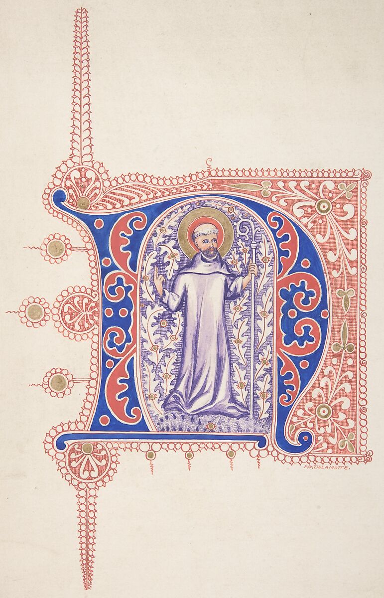 Illuminated Initial "N", Freeman Gage Delamotte (British, Sandhurst 1813/14–1862 London), Watercolor, pen and red ink over graphite with touches of gold and gouache (bodycolor) 