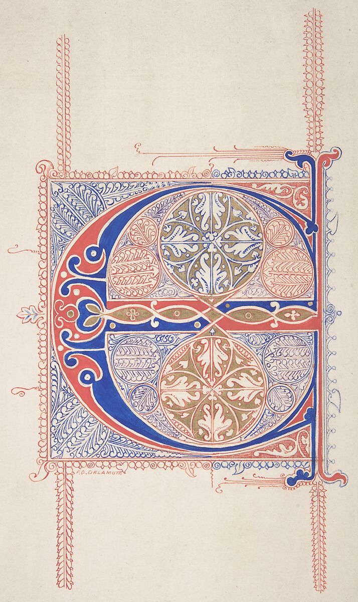 Illuminated Initial "C", Freeman Gage Delamotte (British, Sandhurst 1813/14–1862 London), Watercolor, pen and red and blue ink over graphite with touches of gold and gouache (bodycolor) 