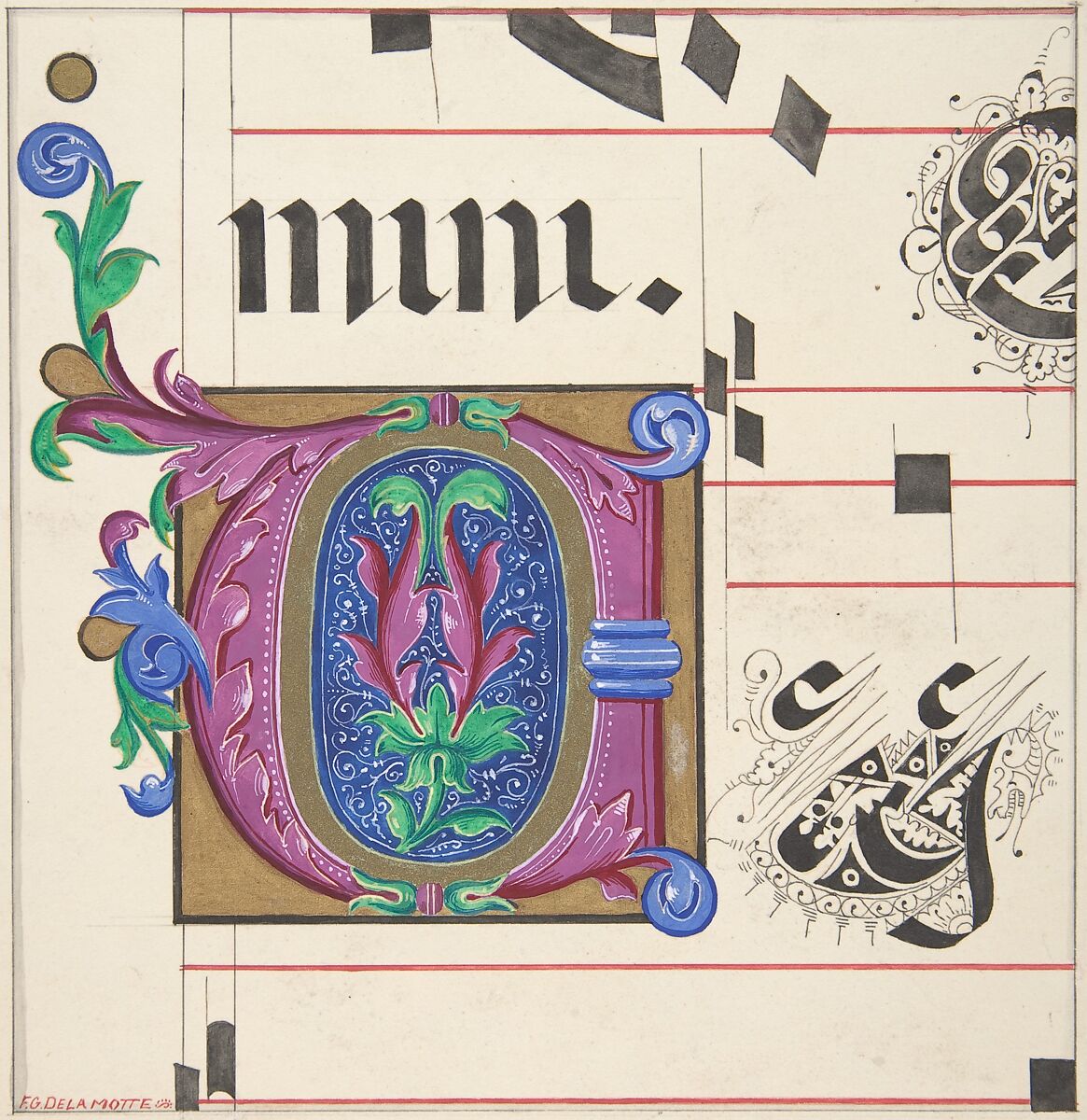 Illuminated Initial from Hymnal, Freeman Gage Delamotte (British, Sandhurst 1813/14–1862 London), Watercolor, pen and black and red ink over graphite with touches of gold and gouache (bodycolor) 