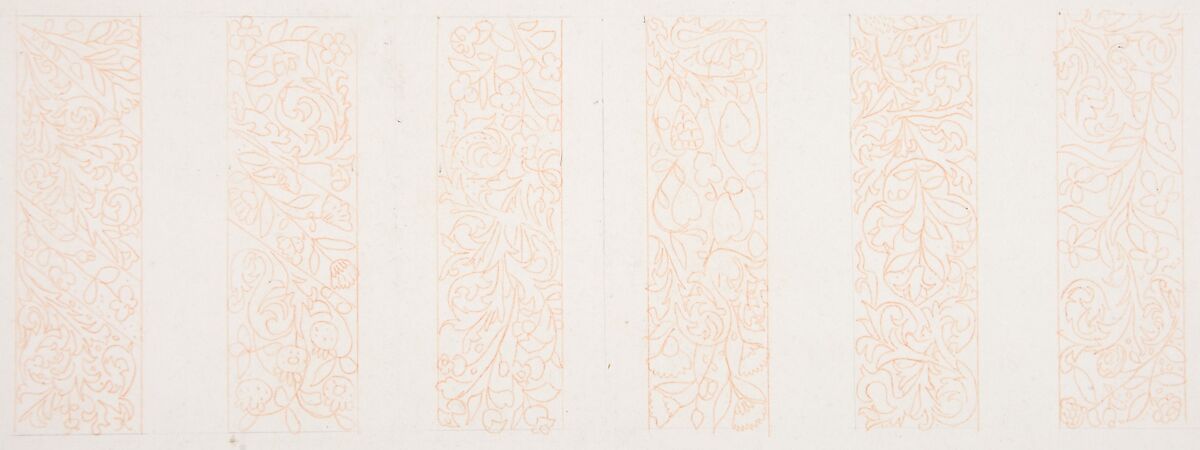 Six Border Designs, Freeman Gage Delamotte (British, Sandhurst 1813/14–1862 London), Pen and red ink over graphite 