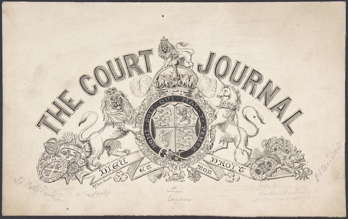 Title page design for "The Court Journal", Freeman Gage Delamotte (British, Sandhurst 1813/14–1862 London), Pen and black ink, brush and gray wash, touches of gouache (bodycolor), over graphite 