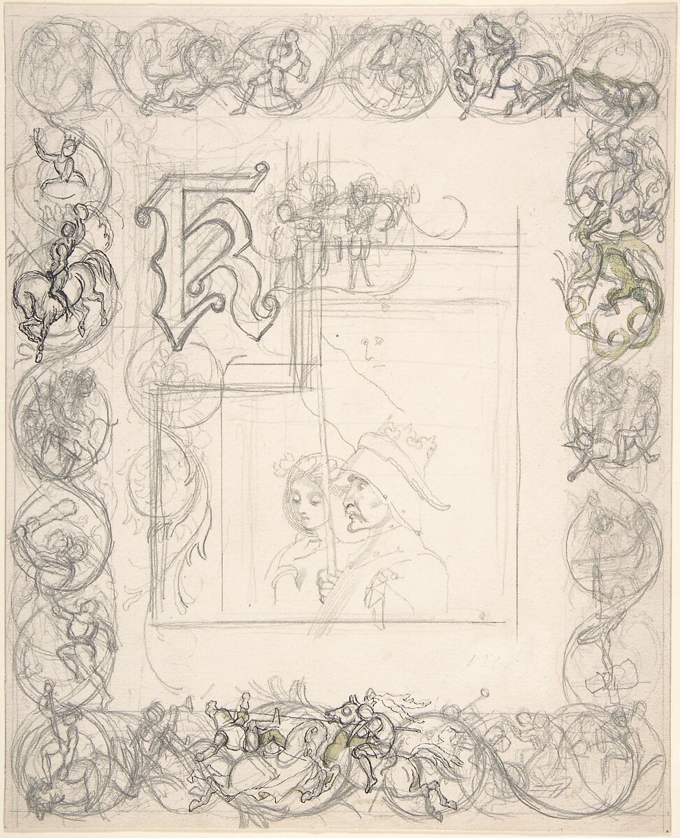 Border design with knights, ladies and dragons (recto); Sketches for border elements (verso), Richard Doyle (British, London 1824–1883 London), Recto: graphite, pen and black ink, touches of brush and yellow-green wash
Verso: graphite 