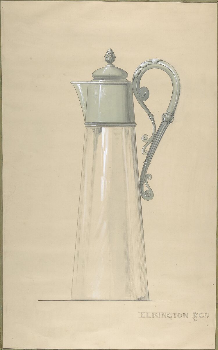Design for a Lidded Crystal and Silver-Plated Water Pitcher or Claret Jug, Elkington &amp; Co. (British, ca. 1830–1963), Watercolor and  gouache (bodycolor) on beige paper 
