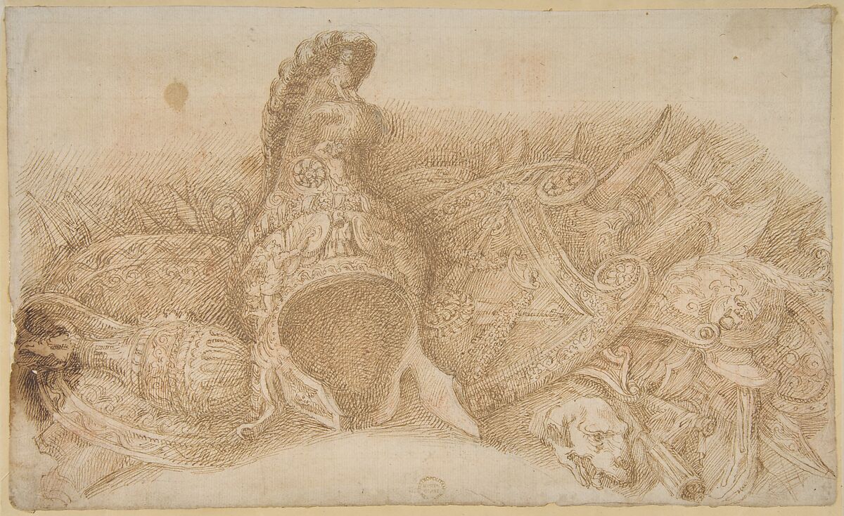 Frieze of Trophies, After Polidoro da Caravaggio (Italian, Caravaggio ca. 1499–ca. 1543 Messina), Pen and brown ink, brush and brown wash, over leadpoint 