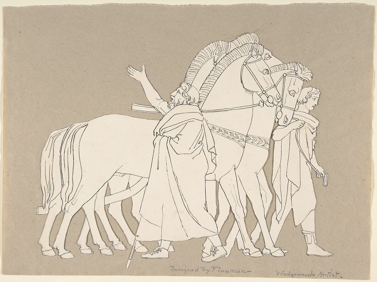 Two male classical figures with three horses (design for large fireplace white tiles produced in Wedgwood's factory), After John Flaxman (British, York 1755–1826 London), Pen and black ink over graphite 