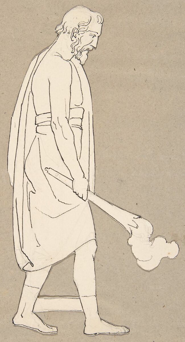 Male classical figure holding a torch (design for large fireplace white tiles produced in Wedgwood's factory), After John Flaxman (British, York 1755–1826 London), Pen and black ink over graphite 