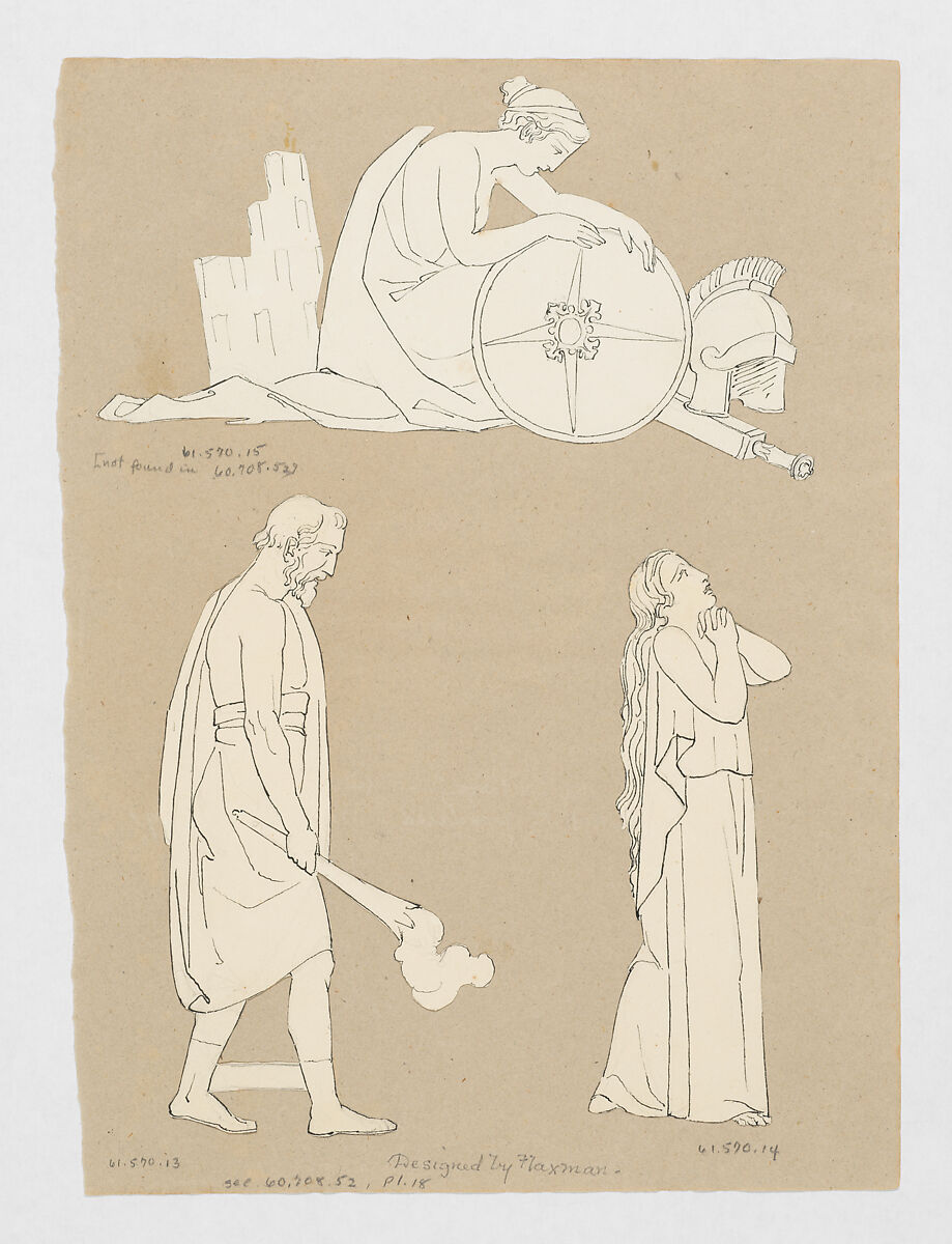 Female classical figure (design for large fireplace white tiles produced in Wedgwood's factory), After John Flaxman (British, York 1755–1826 London), Pen and black ink over graphite