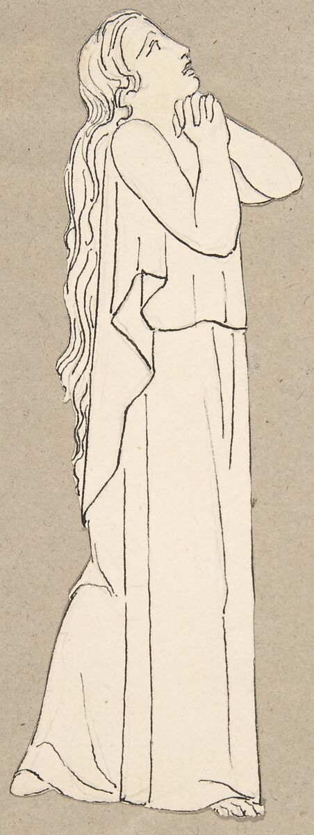 Female classical figure (design for large fireplace white tiles produced in Wedgwood's factory), After John Flaxman (British, York 1755–1826 London), Pen and black ink over graphite 