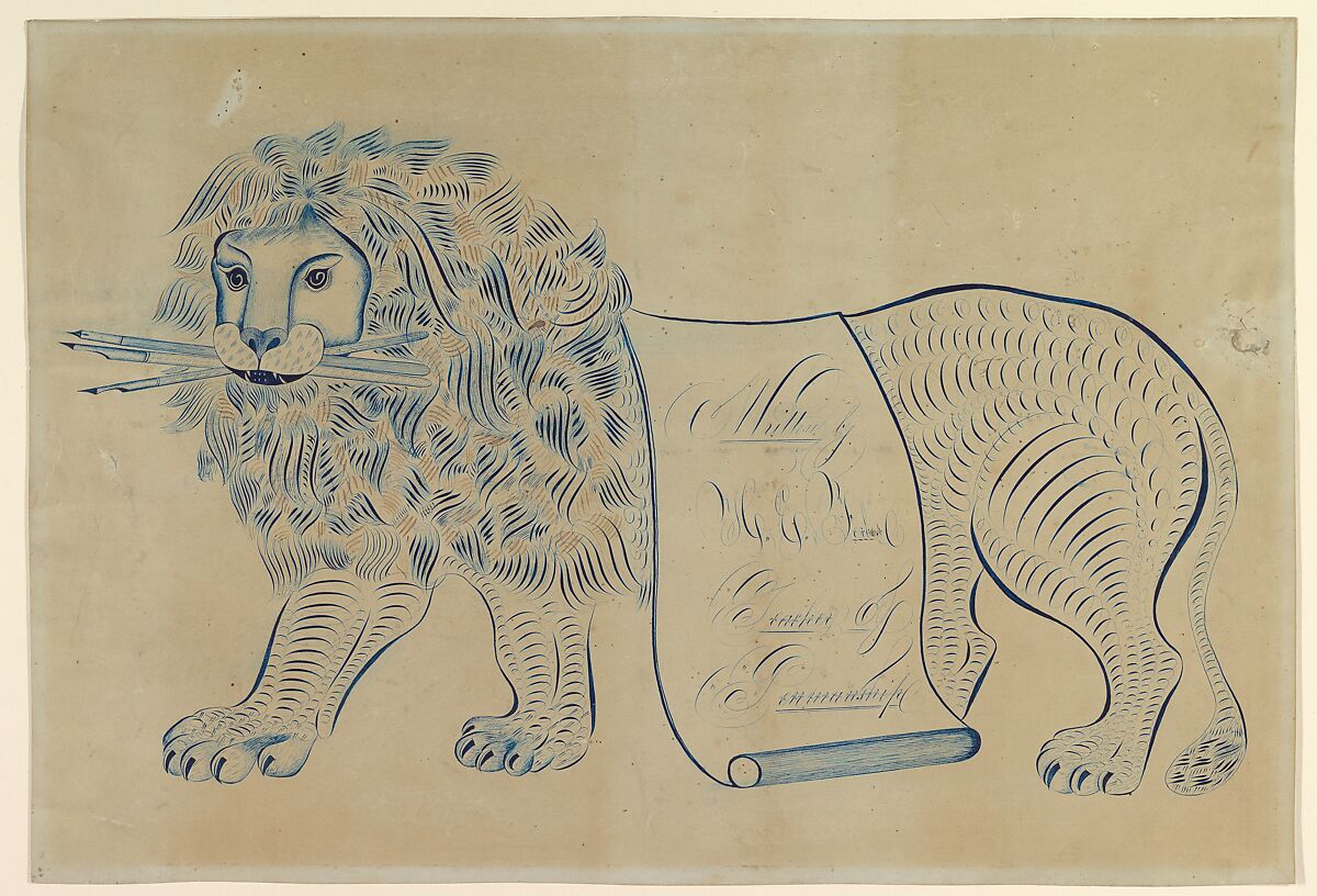 Ornamental Lion Composed of Scrolls, Holding Pens, H. E. Forbes (British, 18th century), Pen and ink 