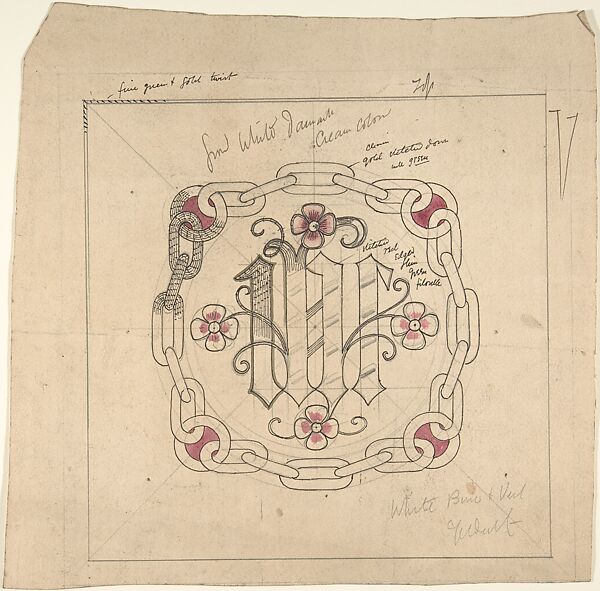 Design for Ecclesiastical Embroidery -- Veil and Bun, Ernest Geldart (British, London 1848–1929), Watercolor, pen and black ink over graphite 