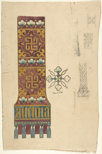 Design for a Stole, Ernest Geldart (British, London 1848–1929), Watercolor, pen and black ink over graphite 