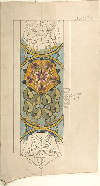 Design for Ecclesiastical Embroidery, Vertical Pattern with Tudor Rose, Ernest Geldart (British, London 1848–1929), Graphite, pen and ink with watercolor 