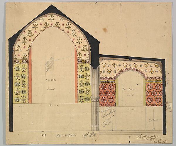 Southern Elevation of a church, Ernest Geldart (British, London 1848–1929), Graphite, pen and ink and watercolor 