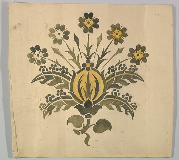 Green and Yellow Stylized Flower for Wall Stencil, Ernest Geldart (British, London 1848–1929), Graphite, pen and ink and watercolor 