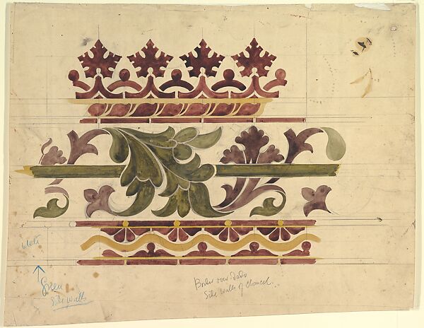 Border over Dado Sidewalls of Chancel, Ernest Geldart (British, London 1848–1929), Graphite, pen and ink and watercolor 