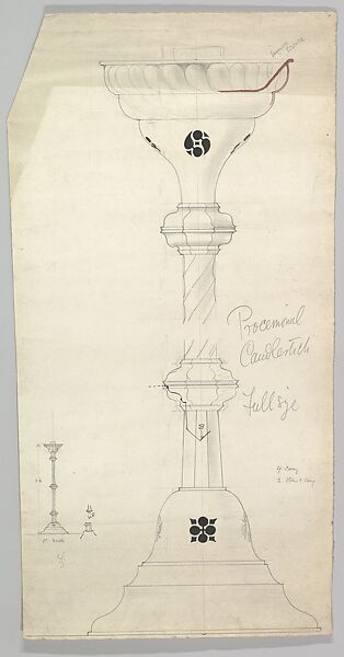 Processional candlestick, Ernest Geldart (British, London 1848–1929), Graphite, pen and ink 