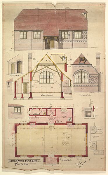 Plan, Parish Room, Hartfield Peverel, Ernest Geldart (British, London 1848–1929), Graphite, pen and ink and watercolor 