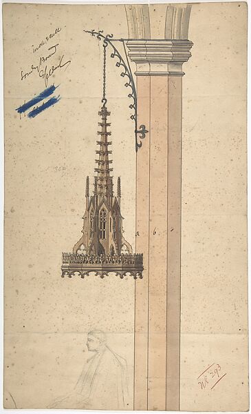 Design for a Pillar and a Sounding Board, Ernest Geldart (British, London 1848–1929), Watercolor, pen and black ink over graphite 