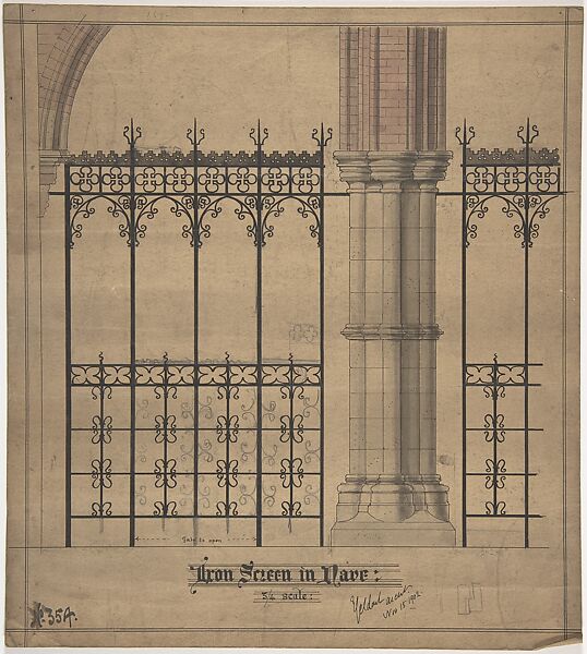 Design for Iron Screen, Ernest Geldart (British, London 1848–1929), Watercolor, pen and black ink over graphite 