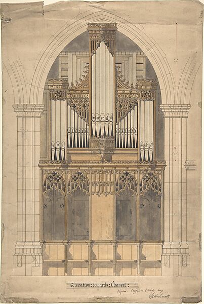 Elevation towards Chancel, Organ, Coggeshall Church, Essex (Church of St. Peter-ad-Vincula), Ernest Geldart (British, London 1848–1929), Pen and ink, over graphite, with watercolor 