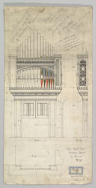 Oak Organ Case Southery Church, Ernest Geldart (British, London 1848–1929), Pen and ink over graphite with watercolor 