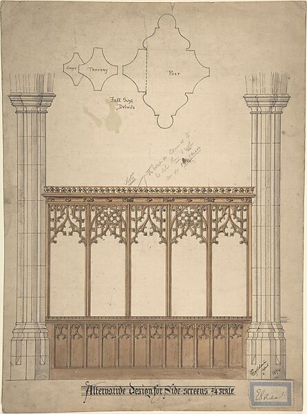 Alternative design for sidescreens, Ernest Geldart (British, London 1848–1929), Pen and ink, over graphite, with watercolor 