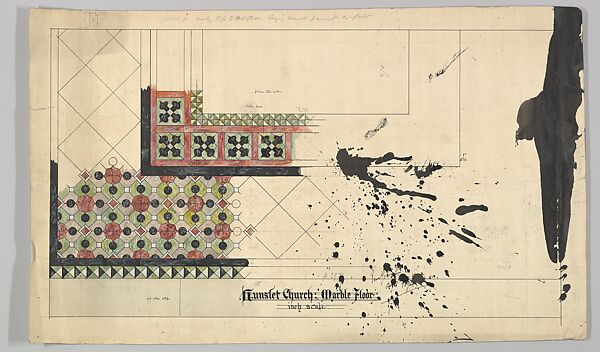 Marble Floor Design for Hunslet Church, Ernest Geldart (British, London 1848–1929), Pen and ink, over graphite, with watercolor 
