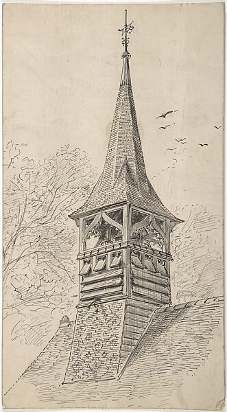 Wooden bell tower and spire, Ernest Geldart (British, London 1848–1929), Pen and black ink 