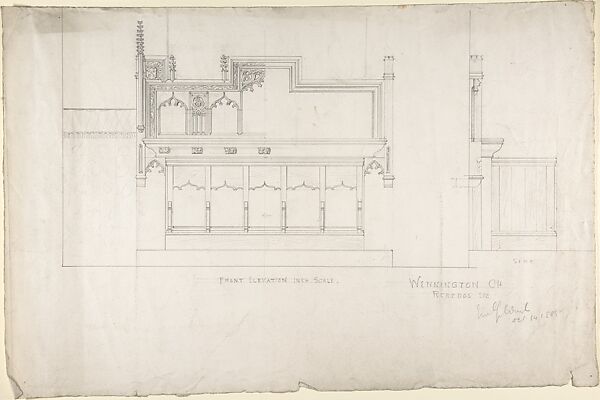 Front Elevation Wennington Church Reredos, Ernest Geldart (British, London 1848–1929), Graphite 