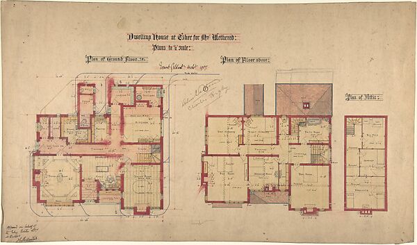 Dwelling house at Esher for Mrs. Wethered: Two plans, Ernest Geldart (British, London 1848–1929), Pen and ink, over graphite, with watercolor 