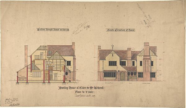 Dwelling house at Esher for Mrs Wethered: Elevation and Section, Ernest Geldart (British, London 1848–1929), Pen and ink, over graphite, with watercolor 