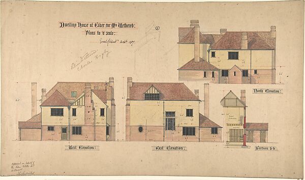 Dwelling house at Esher for Mrs. Wethered:  Three Elevations, and a Partial Section, Ernest Geldart (British, London 1848–1929), Pen and ink, over graphite, with watercolor 