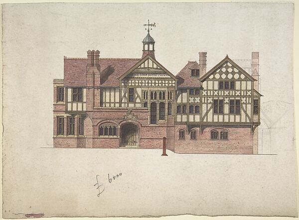 Elevation for a Multi-story Brick, Half-timbered House with Stained Glass Windows and a Small Cupola, Ernest Geldart (British, London 1848–1929), Watercolor, pen and black ink over graphite 