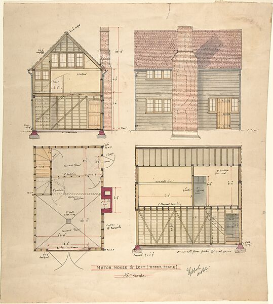 Motor House and Loft (Timber frame), Ernest Geldart (British, London 1848–1929), Pen and ink, over graphite, with watercolor 