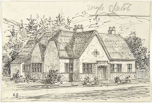 Thatched Roof Stone Cottage, Ernest Geldart (British, London 1848–1929), Pen and black ink over graphite 
