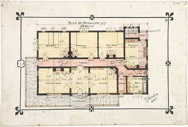 Bungalow drawing -- Floor Plan, Ernest Geldart (British, London 1848–1929), Watercolor, black ink, pen and red ink over graphite 