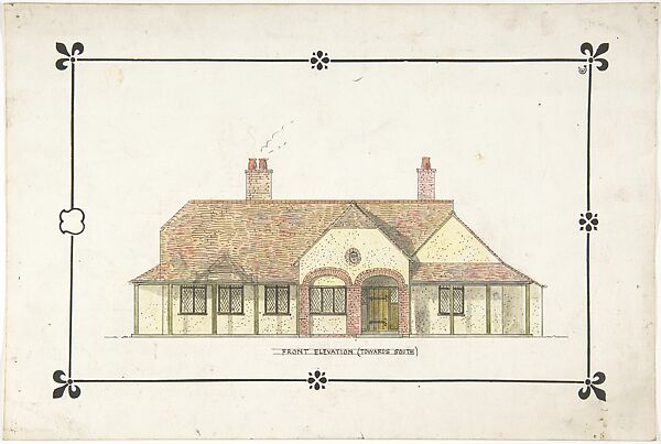 Bungalow drawing -- Front Elevation, Ernest Geldart (British, London 1848–1929), Watercolor, pen and black ink over graphite 