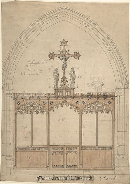 Rood and screen for Panfield church, Ernest Geldart (British, London 1848–1929), Pen and ink, over graphite, with watercolor 