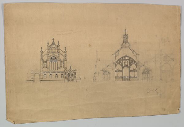 Elevation and section of a church in gothic style, Ernest Geldart (British, London 1848–1929), Pen and ink, over graphite, with watercolor 